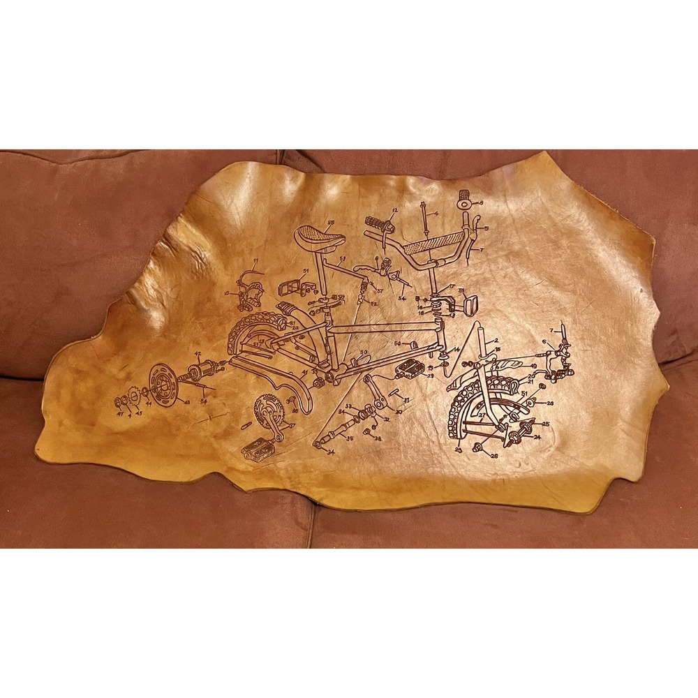 Scott M Horn Bike Schematic Relief Carved Leather 37x22x2 Signed 2012 Unique